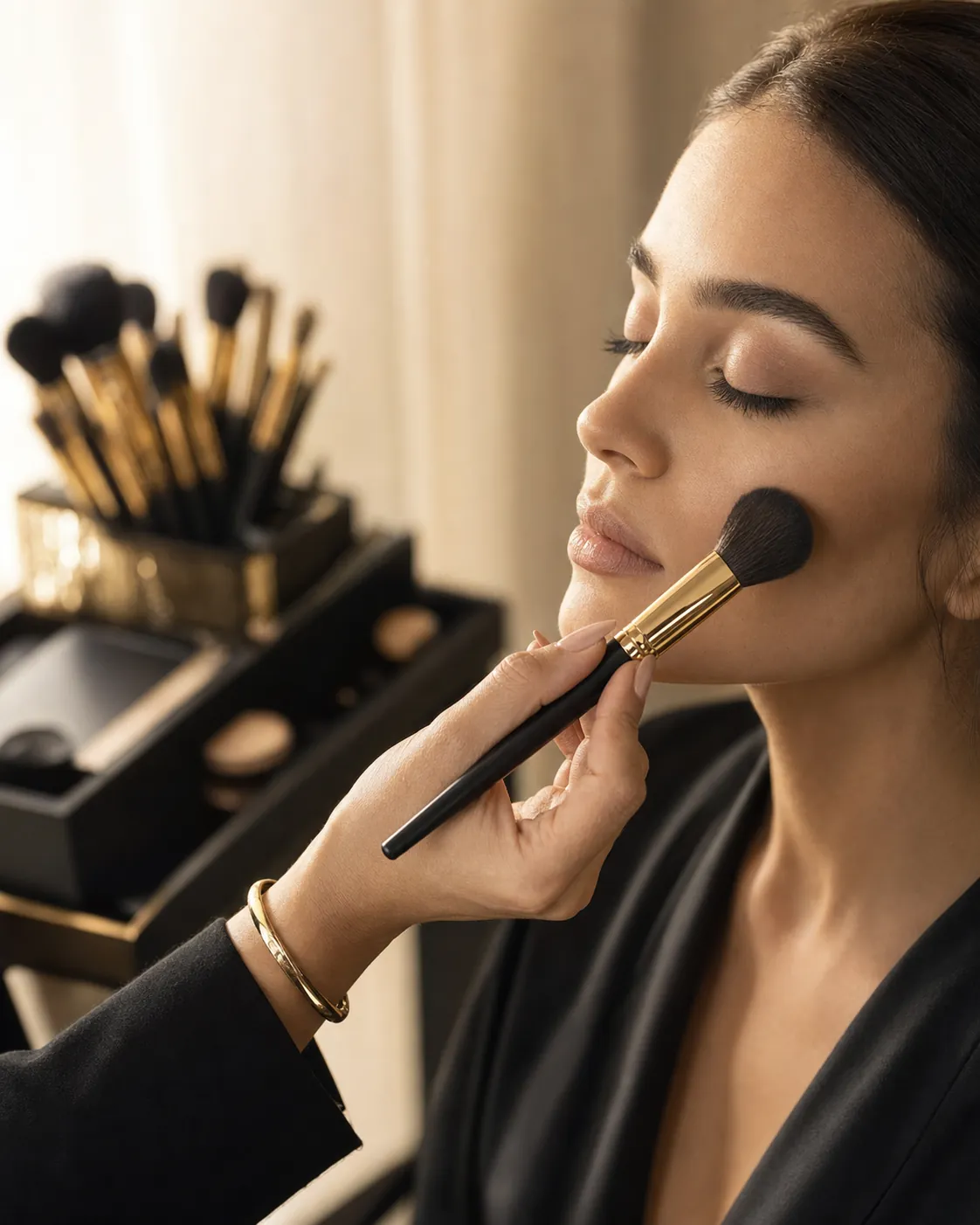 Afsha at work, applying makeup with a brush