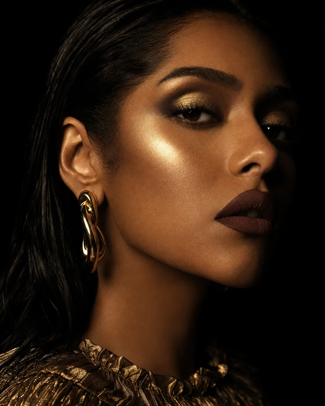 Editorial beauty portrait, gold eye and matte lip